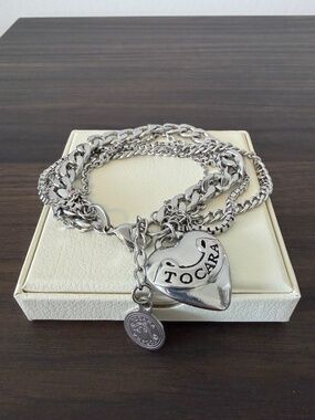 Tocara Silver Tone Link Bracelet with Heart Logo Charms 7 Inch